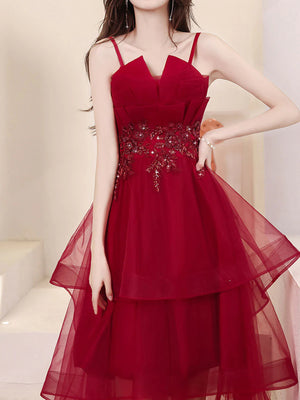 A Line High Low Beaded Burgundy Tulle Long Prom Dresses, High Low Burgundy Homecoming Dresses