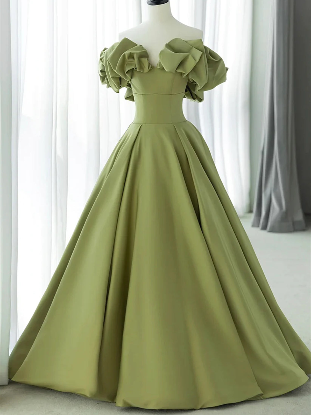 A Line Off Shoulder Green Satin Long Prom Dresses, Long Green Formal G - shegown A Line Off Shoulder Green Satin Long Prom Dresses, Long Green Formal G - shegown