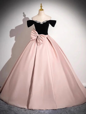 A Line Off the Shoulder Black Velvet Pink Satin Prom Dresses, Black Pink Formal Evening Dresses