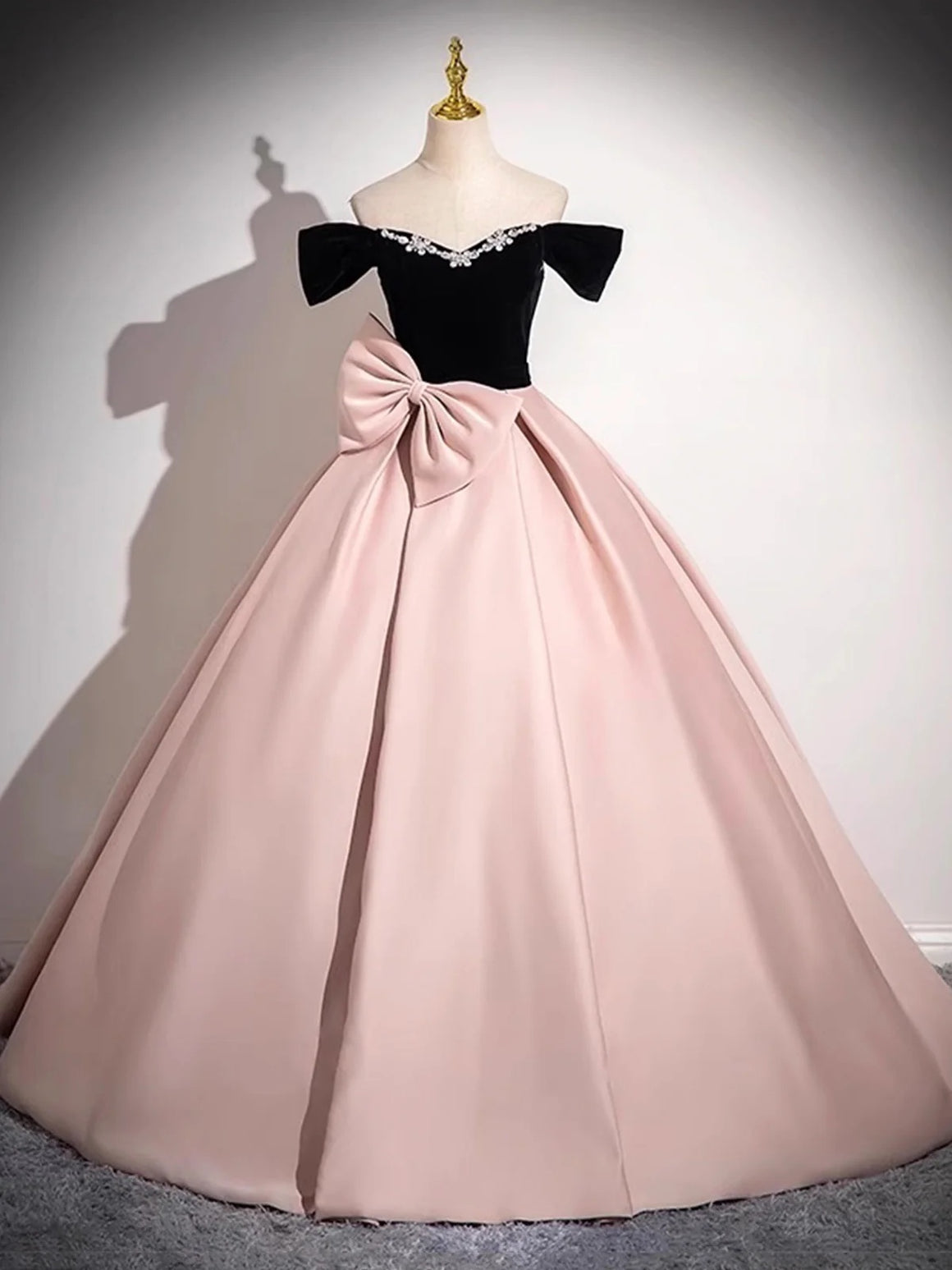 A Line Off the Shoulder Black Velvet Pink Satin Prom Dresses, Black Pink Formal Evening Dresses