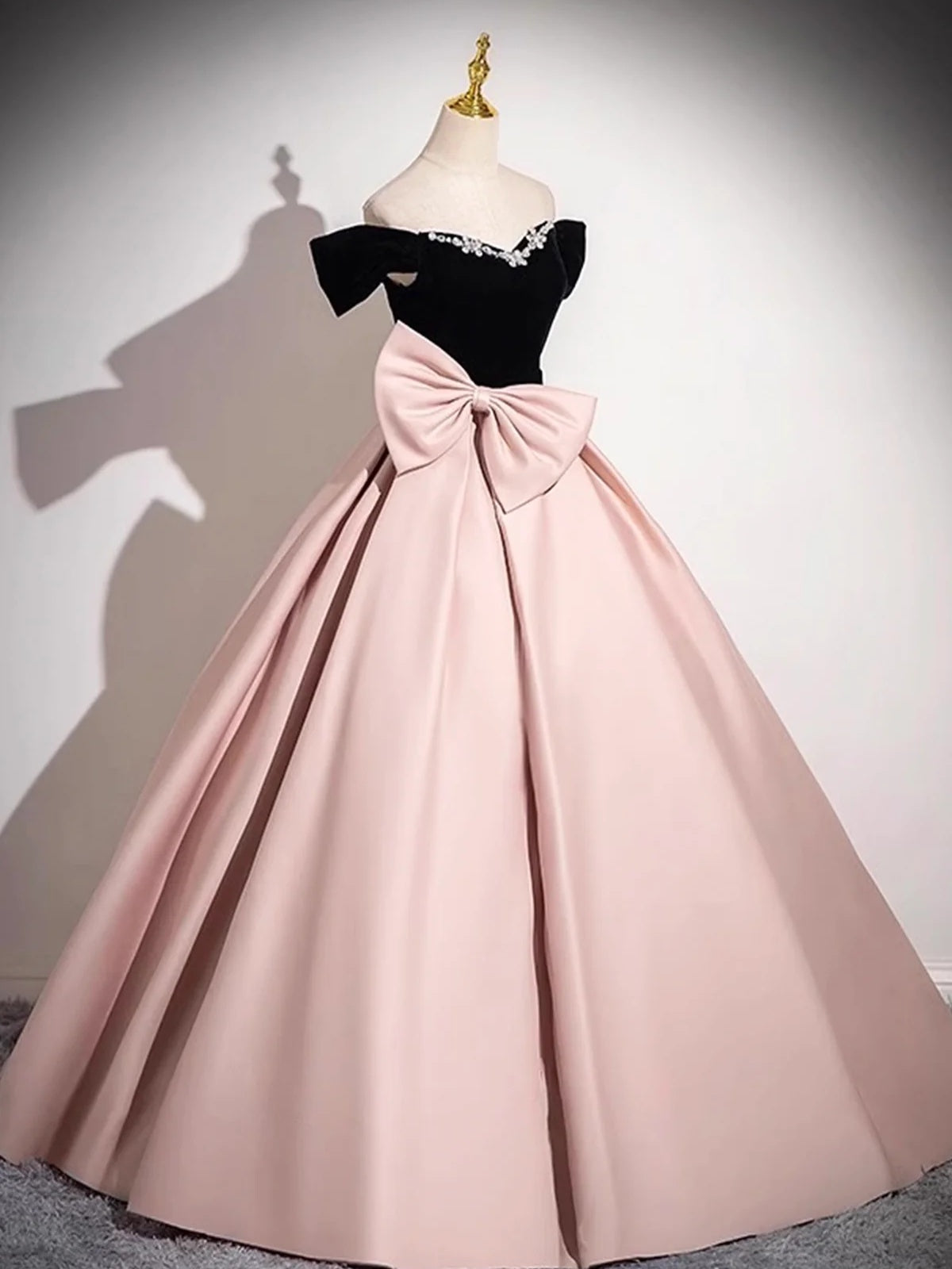 black and pink prom dress A Line Off the Shoulder Black Velvet Pink Satin Prom Dresses, Black Pink Formal Evening Dresses, US 14 / Custom Color / No Rush