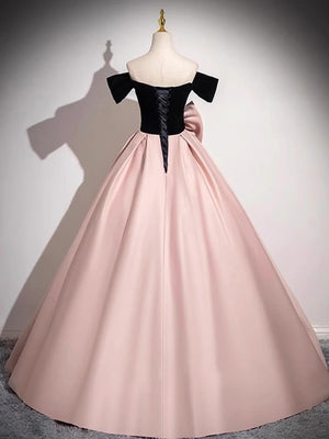 A Line Off the Shoulder Black Velvet Pink Satin Prom Dresses, Black Pink Formal Evening Dresses