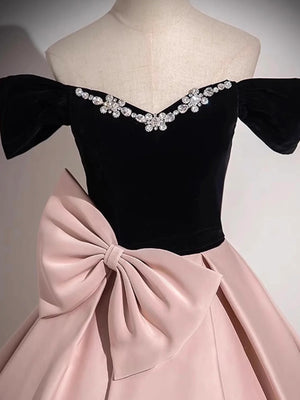 A Line Off the Shoulder Black Velvet Pink Satin Prom Dresses, Black Pink Formal Evening Dresses