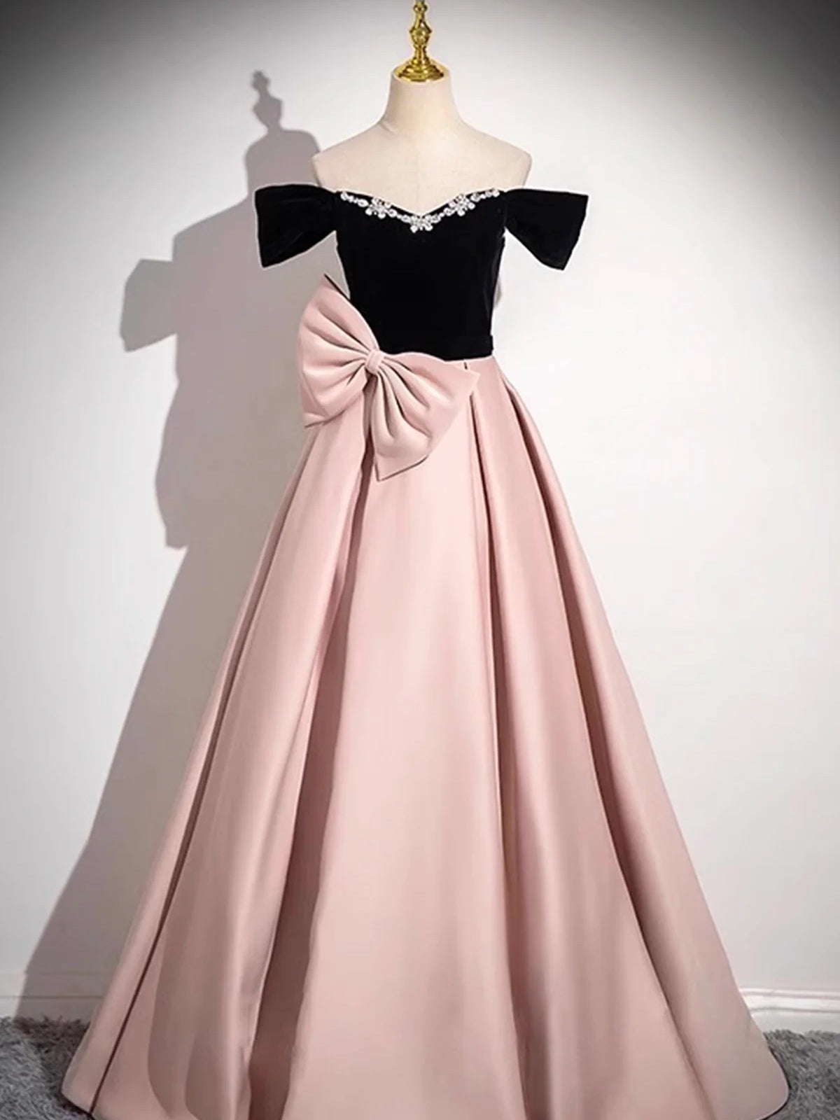 A Line Off the Shoulder Black Velvet Pink Satin Prom Dresses, Black Pink Formal Evening Dresses, US 14 / Custom Color / No Rush A Line Off the Shoulder Black Velvet Pink Satin Prom Dresses, Black Pink Formal Evening Dresses, US 14 / Custom Color / No Rush