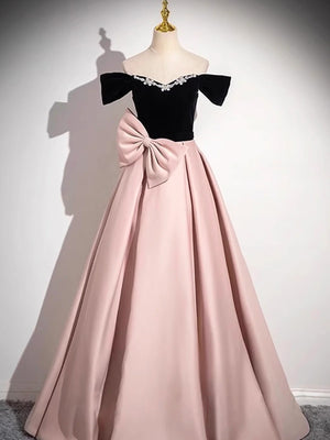 A Line Off the Shoulder Black Velvet Pink Satin Prom Dresses, Black Pink Formal Evening Dresses