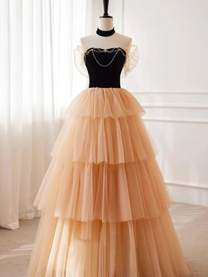 A Line Off the Shoulder Champagne Black Long Prom Dresses, Champagne Black Long Formal Evening Dresses