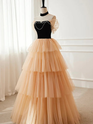 A Line Off the Shoulder Champagne Black Long Prom Dresses, Champagne Black Long Formal Evening Dresses