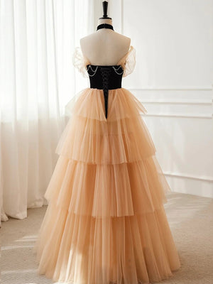 A Line Off the Shoulder Champagne Black Long Prom Dresses, Champagne Black Long Formal Evening Dresses