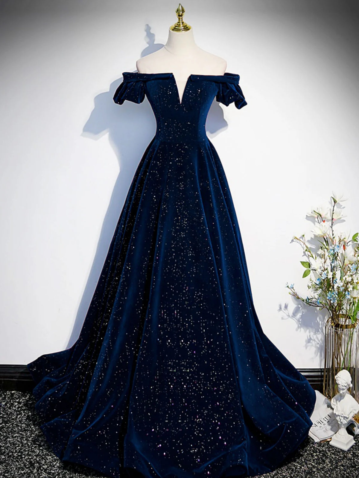 prom dress navy blue A Line Off the Shoulder Dark Navy Blue Velvet Long Prom Dresses, Dark Navy Blue Long Formal Dresses, US 6 / Custom Color / No Rush