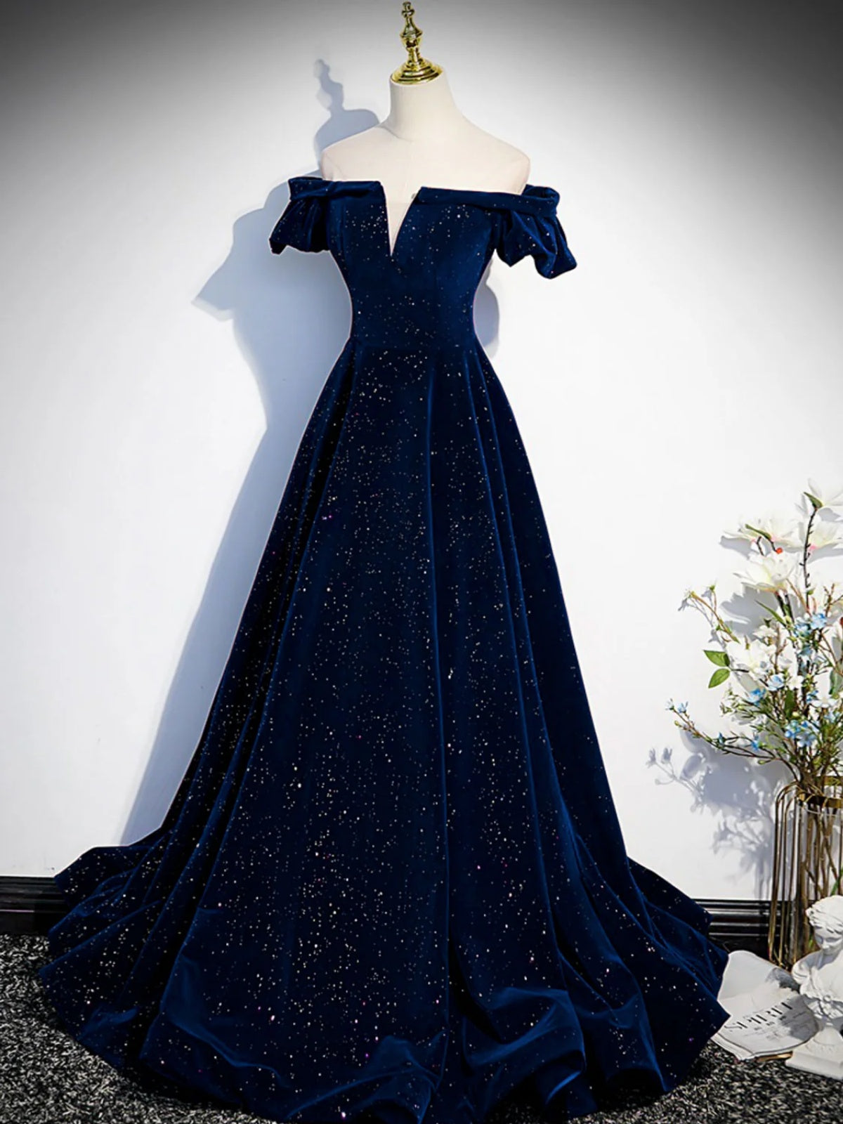 A Line Off the Shoulder Dark Navy Blue Velvet Long Prom Dresses, Dark Navy Blue Long Formal Dresses, US 6 / Custom Color / No Rush A Line Off the Shoulder Dark Navy Blue Velvet Long Prom Dresses, Dark Navy Blue Long Formal Dresses, US 6 / Custom Color / No Rush
