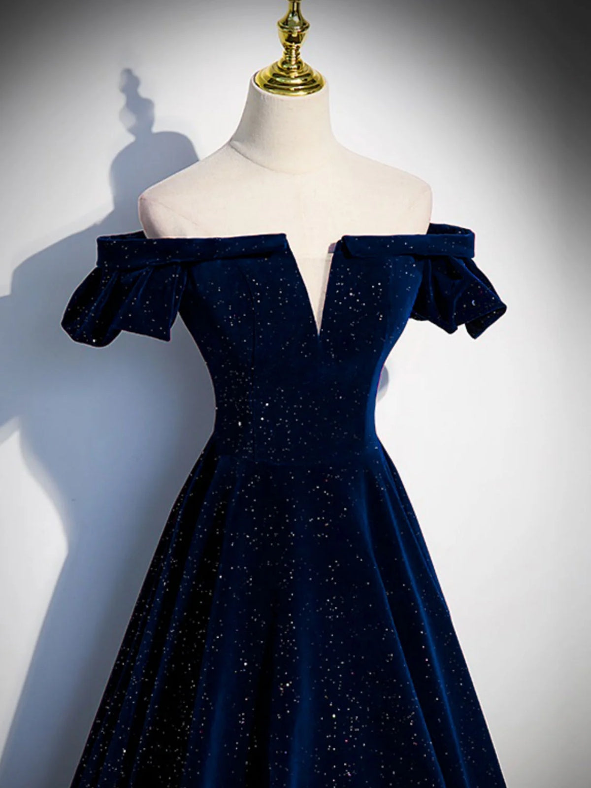 A Line Off the Shoulder Dark Navy Blue Velvet Long Prom Dresses, Dark - shegown A Line Off the Shoulder Dark Navy Blue Velvet Long Prom Dresses, Dark - shegown