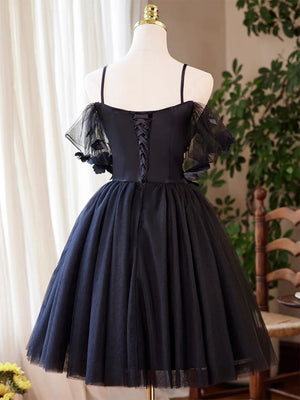 A Line Off the Shoulder Short Navy Blue Prom Dresses, Short Dark Blue Formal Homecoming Dresses