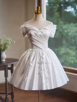 A Line Off the Shoulder Short White Satin Prom Dresses, Short White Formal Homecoming Dresses