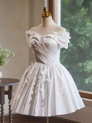 A Line Off the Shoulder Short White Satin Prom Dresses, Short White Formal Homecoming Dresses