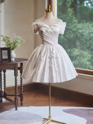 A Line Off the Shoulder Short White Satin Prom Dresses, Short White Formal Homecoming Dresses