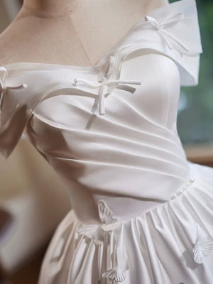 A Line Off the Shoulder Short White Satin Prom Dresses, Short White Formal Homecoming Dresses