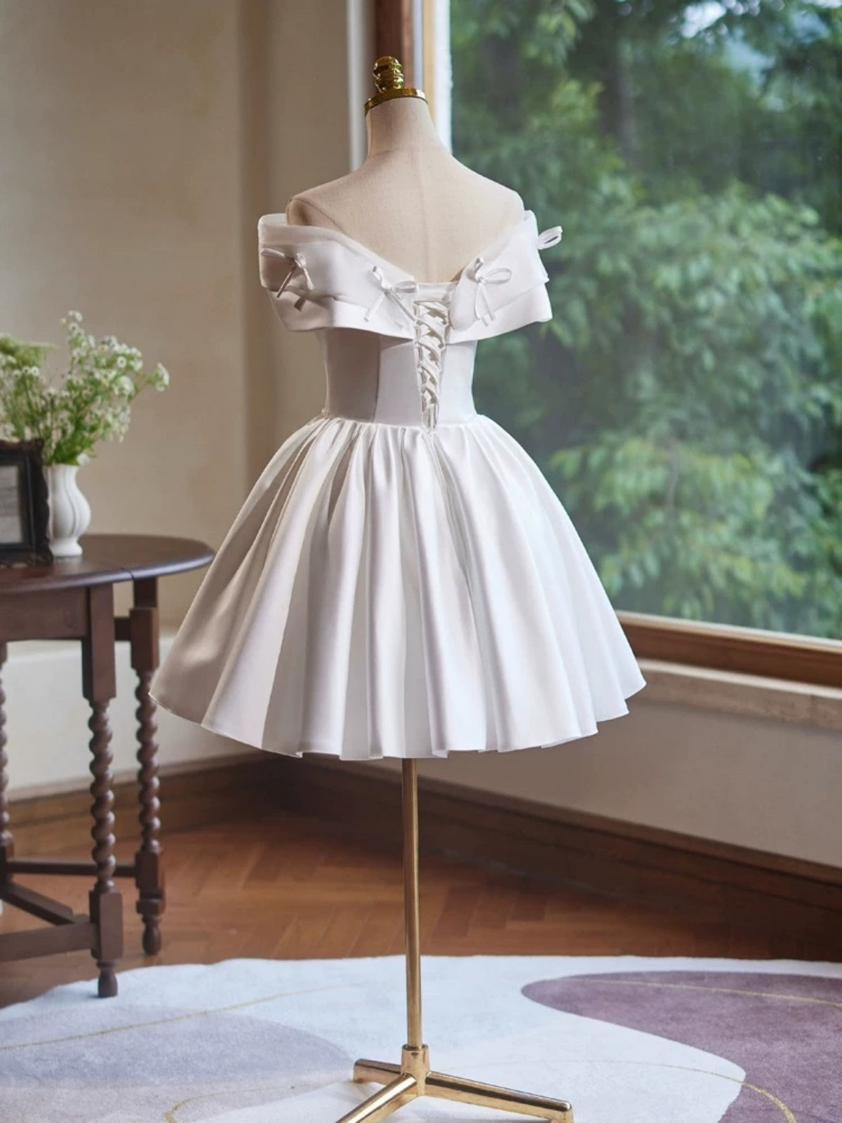 A Line Off the Shoulder Short White Satin Prom Dresses, Short White Fo - shegown A Line Off the Shoulder Short White Satin Prom Dresses, Short White Fo - shegown