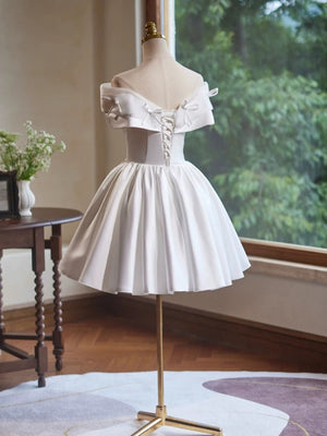 A Line Off the Shoulder Short White Satin Prom Dresses, Short White Formal Homecoming Dresses