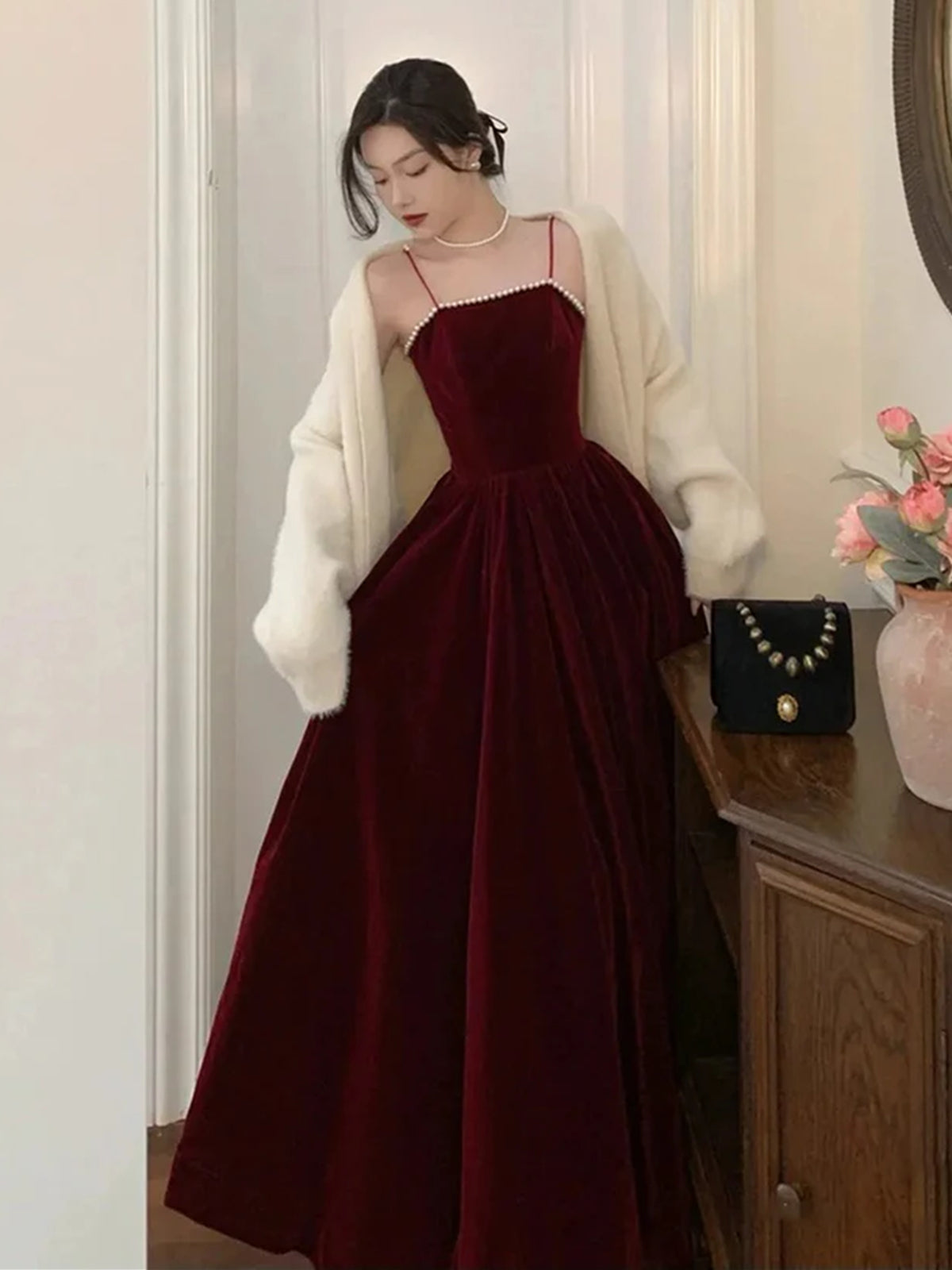 A Line Open Back Ankle Length Burgundy Velvet Prom Dresses, Wine Red F - shegown A Line Open Back Ankle Length Burgundy Velvet Prom Dresses, Wine Red F - shegown