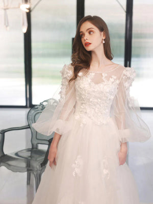 A Line Round Neck Long Sleeves White Lace Long Prom Dresses, White Lace Formal Graduation Evening Dresses