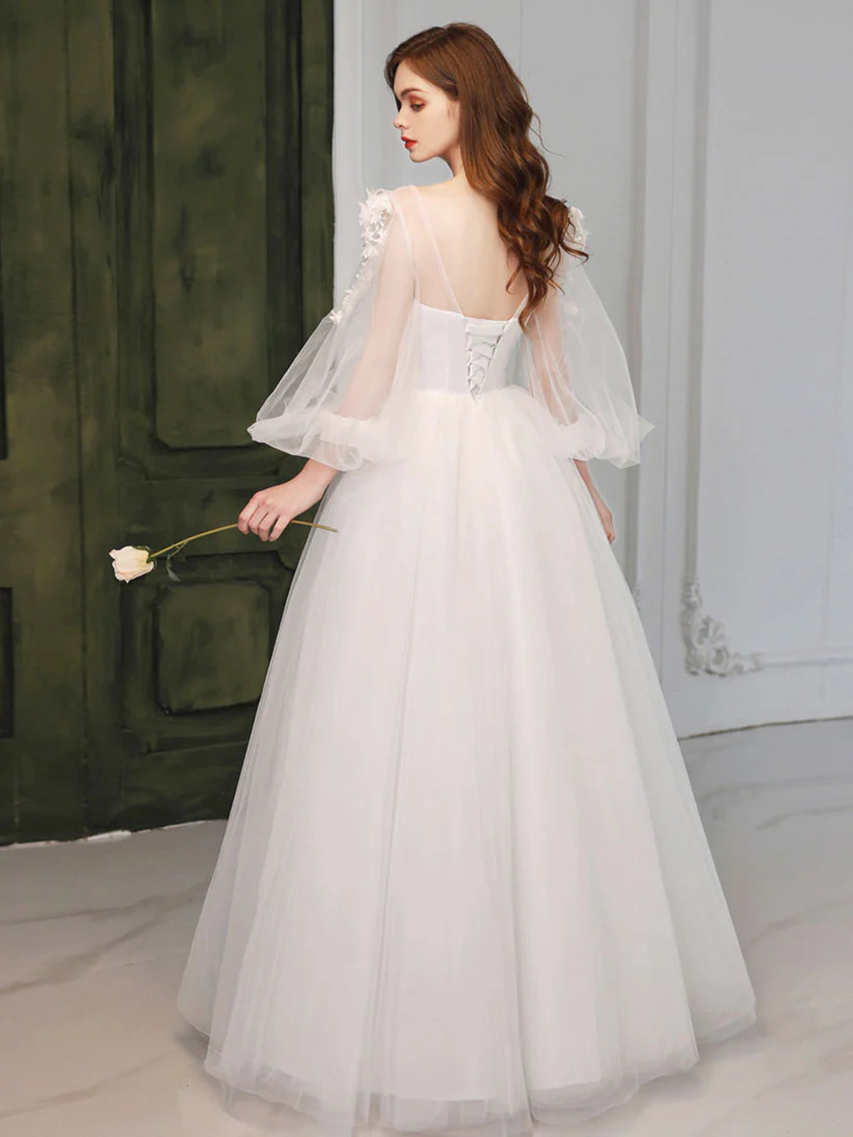 A Line Round Neck Long Sleeves White Lace Long Prom Dresses, White Lace Formal Graduation Dresses A Line Round Neck Long Sleeves White Lace Long Prom Dresses, White Lace Formal Graduation Dresses