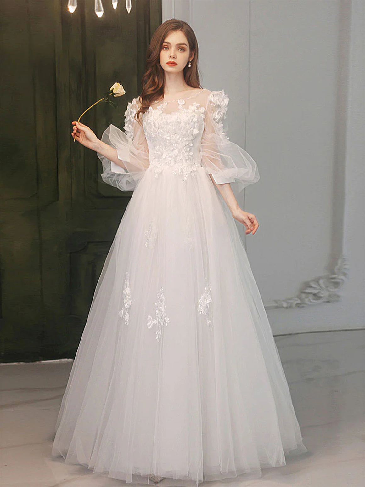 A Line Round Neck Long Sleeves White Lace Long Prom Dresses, White Lace Formal Graduation Evening Dresses