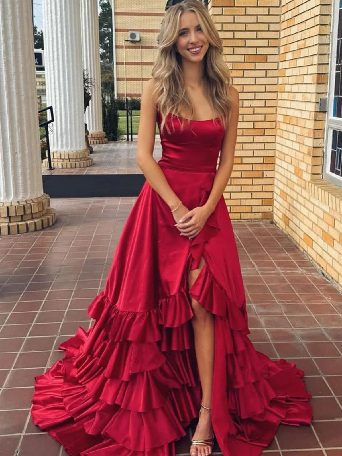A Line Scoop Neck Burgundy Satin Prom Dresses with Slit, Wine Red Satin Formal Dresses, US 6 / Custom Color / No Rush A Line Scoop Neck Burgundy Satin Prom Dresses with Slit, Wine Red Satin Formal Dresses, US 6 / Custom Color / No Rush