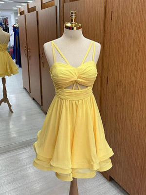 A Line Short Yellow Chiffon Prom Dresses, Short Yellow Chiffon Formal Homecoming Dresses