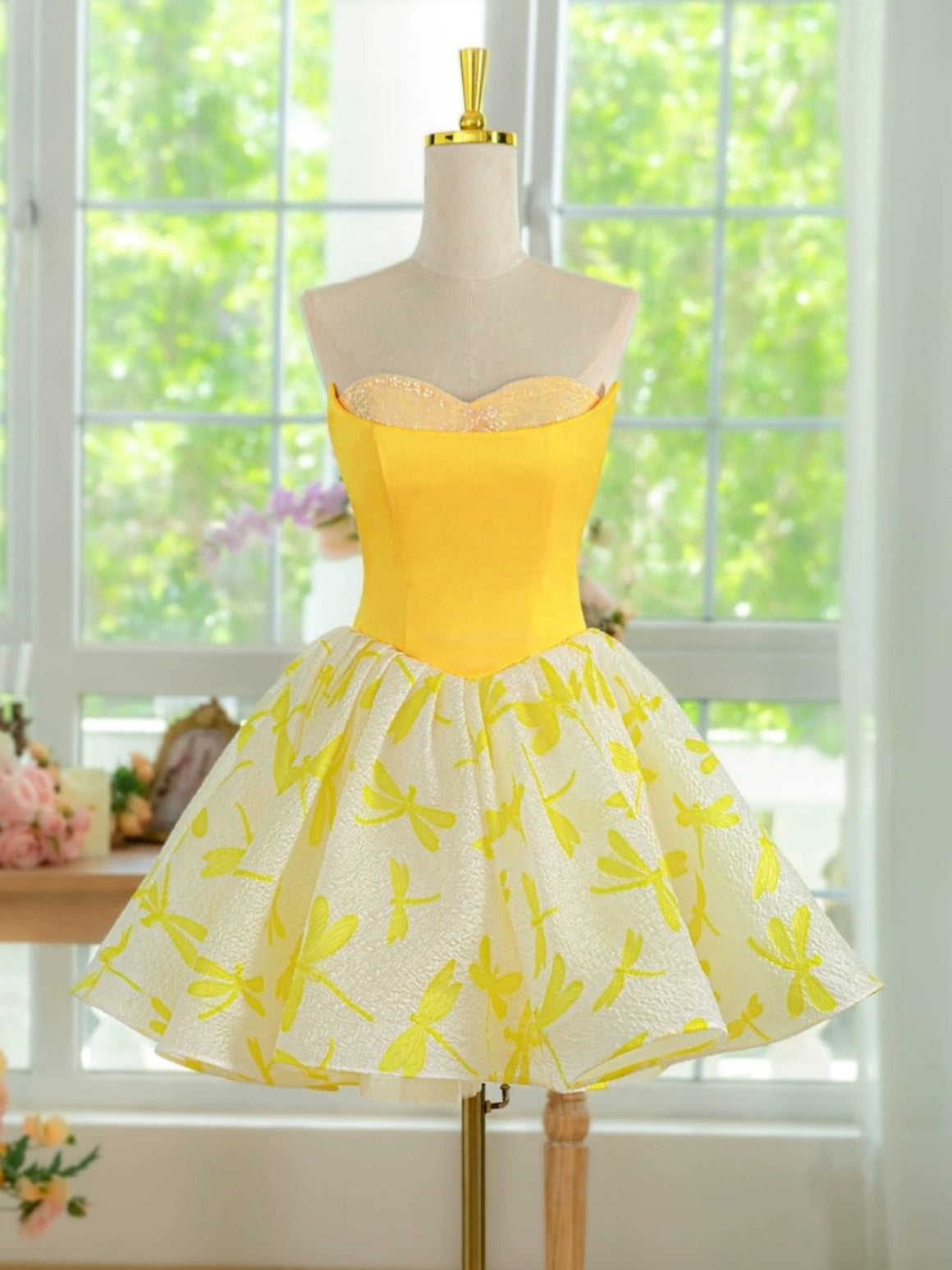 A Line Short Yellow Prom Dresses, Short Yellow Floral Formal Homecoming Dresses