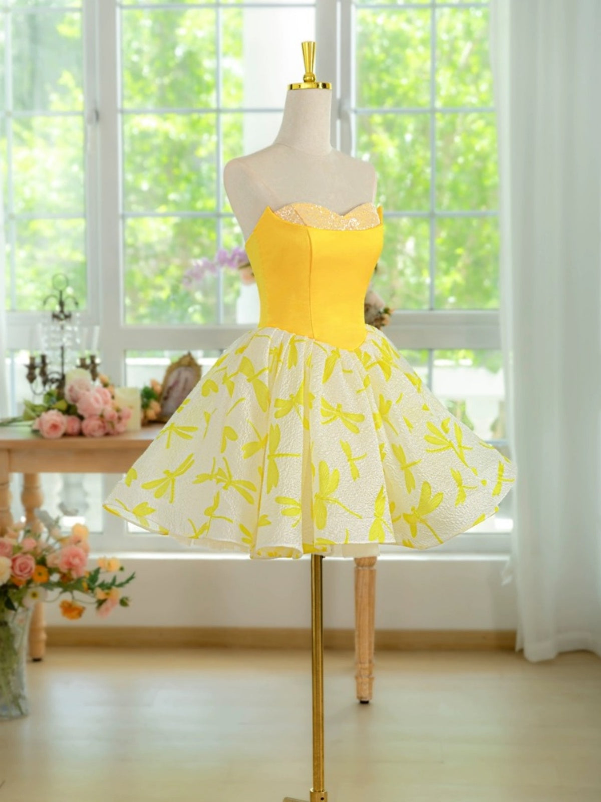 A Line Short Yellow Prom Dresses, Short Yellow Floral Formal Homecomin - shegown A Line Short Yellow Prom Dresses, Short Yellow Floral Formal Homecomin - shegown