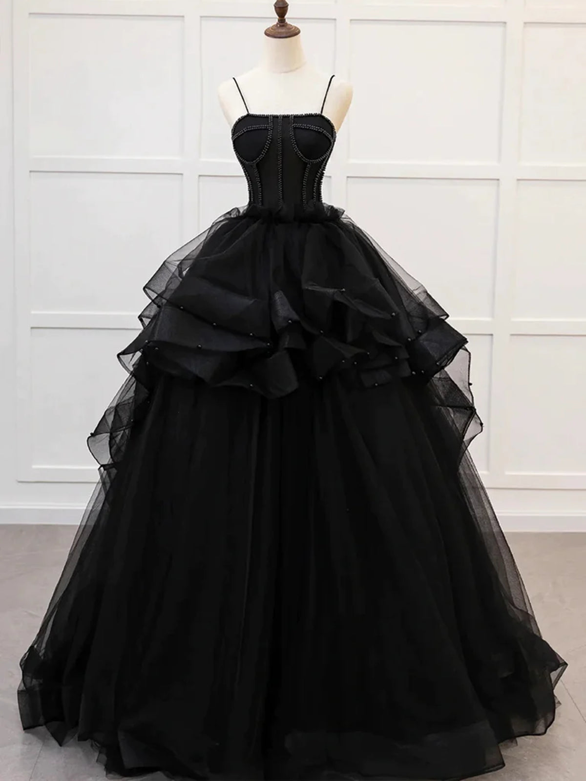 A Line Spaghetti Straps Fluffy Black Tulle Long Prom Dresses, Beaded Black Formal Evening Dresses A Line Spaghetti Straps Fluffy Black Tulle Long Prom Dresses, Beaded Black Formal Evening Dresses