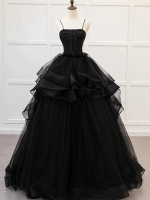A Line Spaghetti Straps Fluffy Black Tulle Long Prom Dresses, Beaded Black Formal Evening Dresses