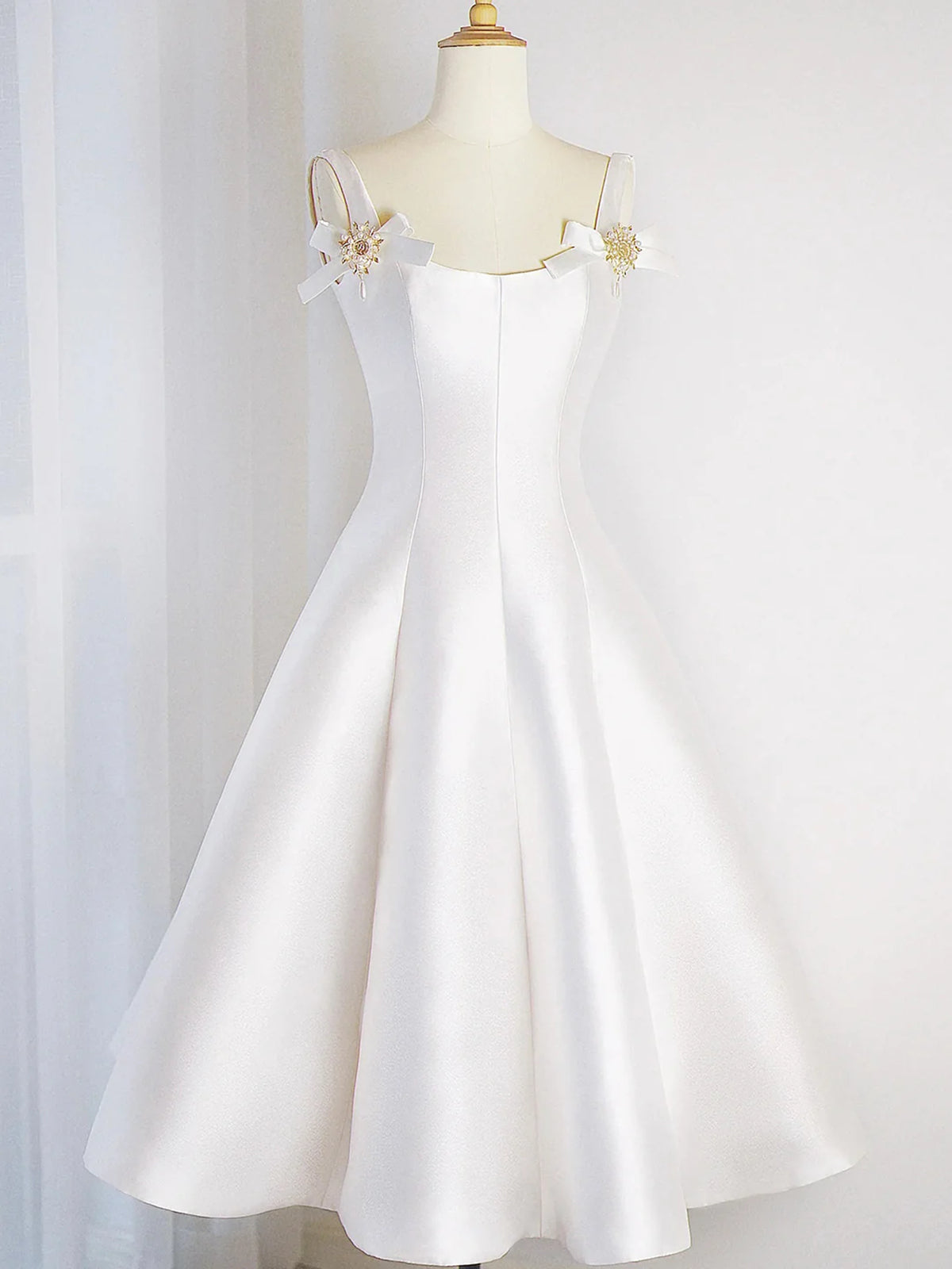 A Line Spaghetti Straps Ivory Satin Prom Dresses, Short Ivory Homecomi - shegown A Line Spaghetti Straps Ivory Satin Prom Dresses, Short Ivory Homecomi - shegown