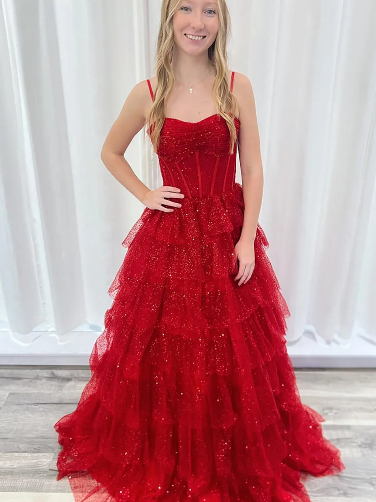 A Line Spaghetti Straps Layered Red Tulle Long Prom Dresses, Long Red - shegown A Line Spaghetti Straps Layered Red Tulle Long Prom Dresses, Long Red - shegown