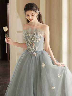 A Line Strapless Gray Tulle Long Prom Dresses with Appliques, Gray Floral Formal Graduation Evening Dresses
