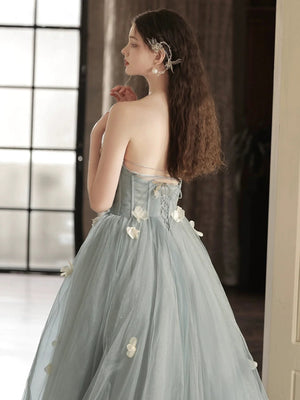 A Line Strapless Gray Tulle Long Prom Dresses with Appliques, Gray Floral Formal Graduation Evening Dresses