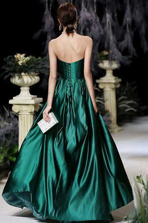 A Line Strapless Green Satin Long Prom Dresses, Long Green Formal Graduation Evening Dresses