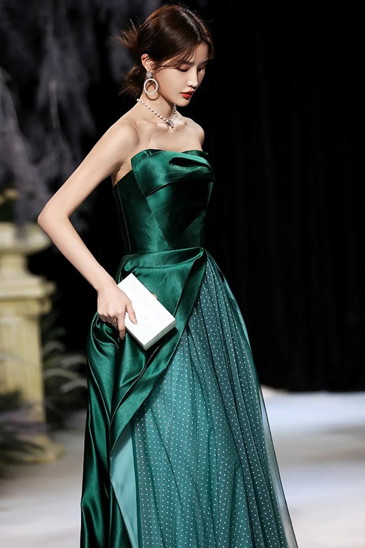 A Line Strapless Green Satin Long Prom Dresses, Long Green Formal Grad - shegown A Line Strapless Green Satin Long Prom Dresses, Long Green Formal Grad - shegown