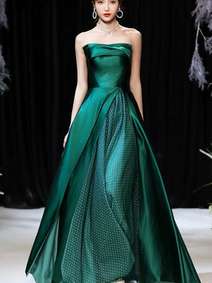 A Line Strapless Green Satin Long Prom Dresses, Long Green Formal Graduation Evening Dresses
