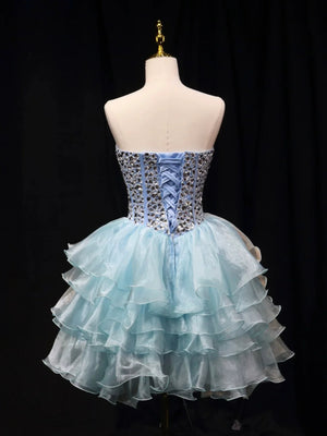 A Line Strapless Sweetheart Neck Crystal Blue Tulle Short Prom Dresses, Short Blue Homecoming Dresses