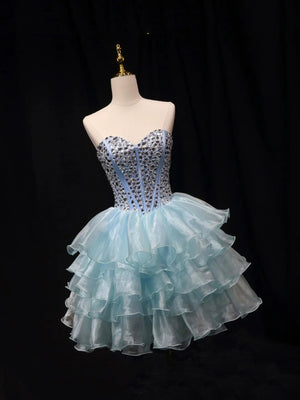 A Line Strapless Sweetheart Neck Crystal Blue Tulle Short Prom Dresses, Short Blue Homecoming Dresses