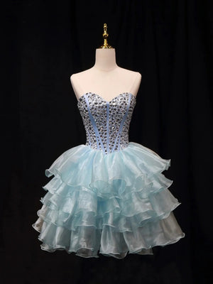 A Line Strapless Sweetheart Neck Crystal Blue Tulle Short Prom Dresses, Short Blue Homecoming Dresses