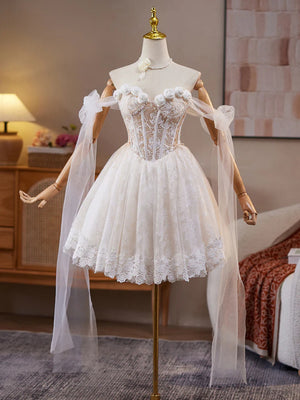A Line Sweetheart Neck Short Champagne Lace Prom Dresses, Short 3D Flower Graduation Homecoming Dresses
