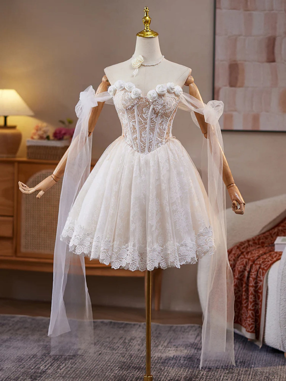 A Line Sweetheart Neck Short Champagne Lace Prom Dresses, Short 3D Flower Graduation Homecoming Dresses