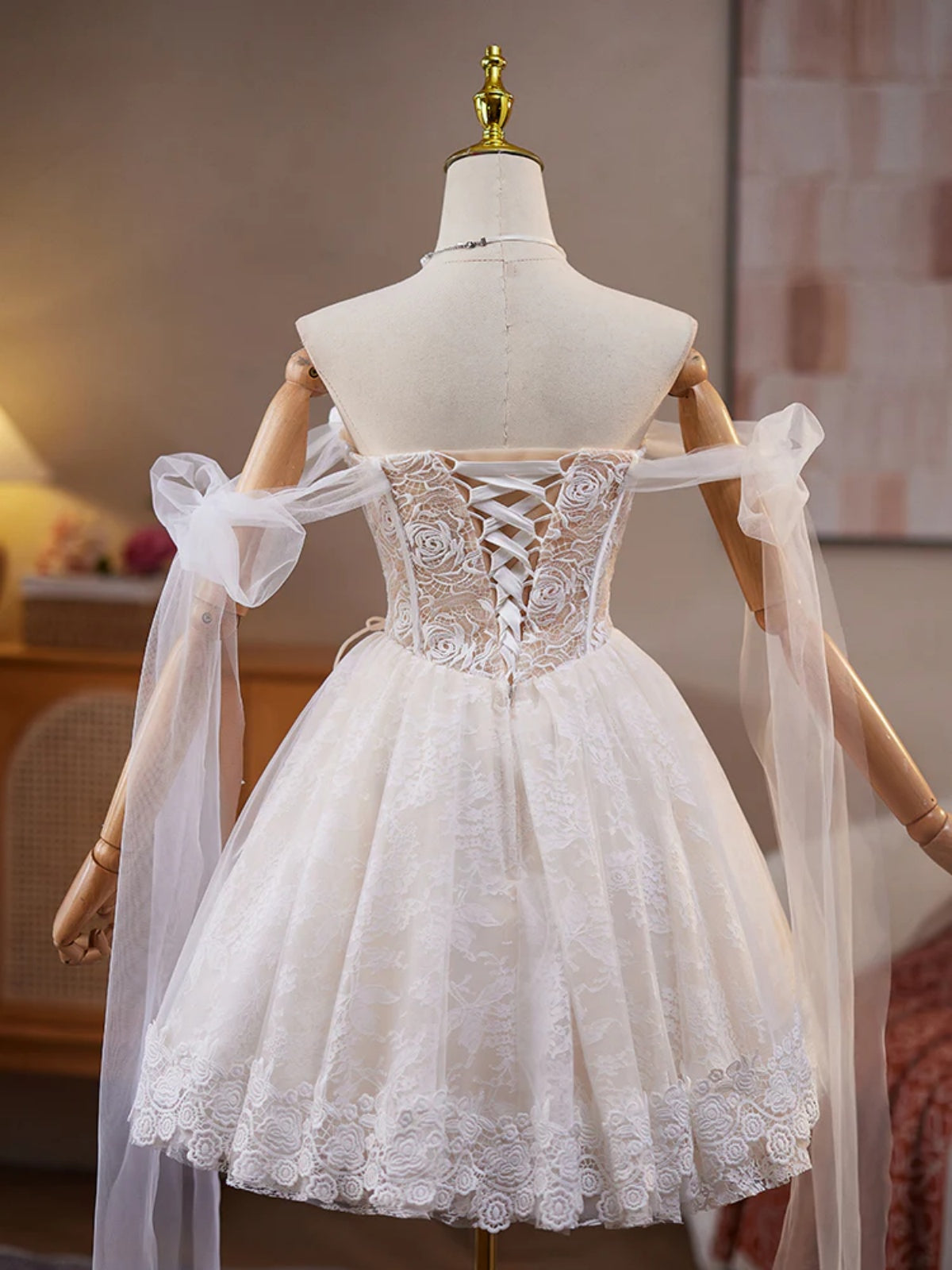 A Line Sweetheart Neck Short Champagne Lace Prom Dresses, Short Gradua - shegown A Line Sweetheart Neck Short Champagne Lace Prom Dresses, Short Gradua - shegown