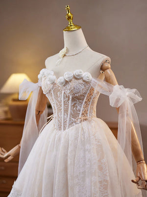 A Line Sweetheart Neck Short Champagne Lace Prom Dresses, Short 3D Flower Graduation Homecoming Dresses