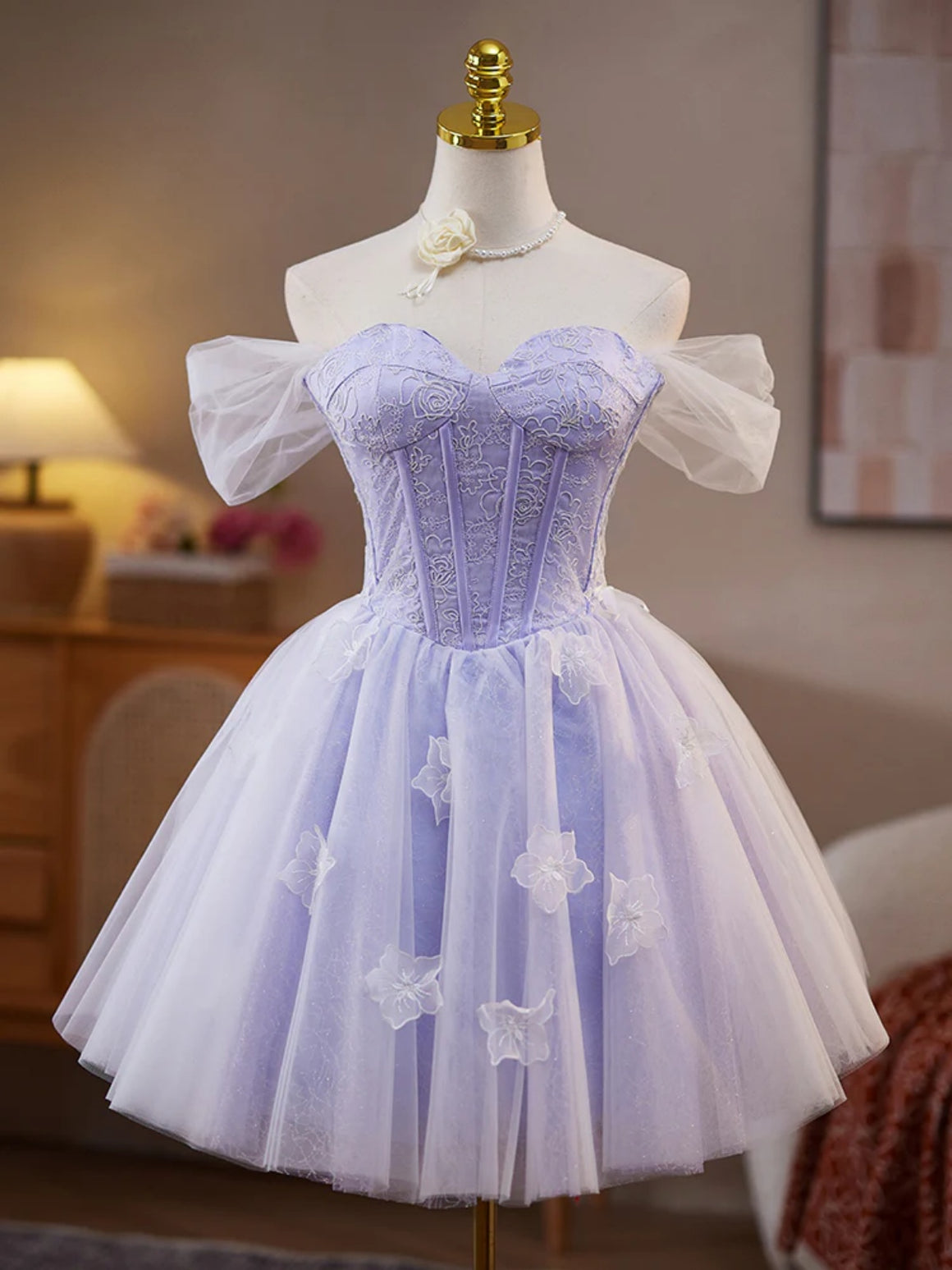 A Line Sweetheart Neck Short Purple Lace Prom Dresses, Short Purple Homecoming Graduation Dresses