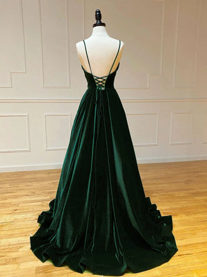 A Line V Neck Backless Green Velvet Long Prom Dresses, Backless Green Formal Graduation Evening Dresses