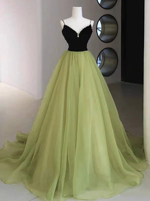 A Line V Neck Black and Green Tulle Long Prom Dresses, Black and Green Tulle Long Formal Evening Dresses