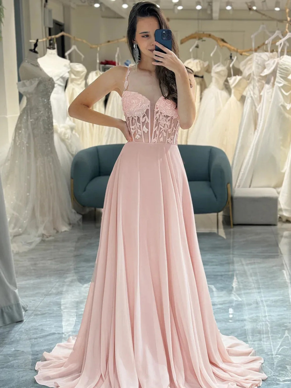 A Line V Neck Pink Lace Prom Dresses, Pink Lace Long Chiffon Formal Ev - shegown A Line V Neck Pink Lace Prom Dresses, Pink Lace Long Chiffon Formal Ev - shegown
